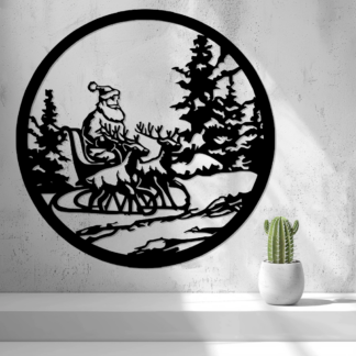 2D silhuet af julemanden i sin kane på vej ud med gaver.